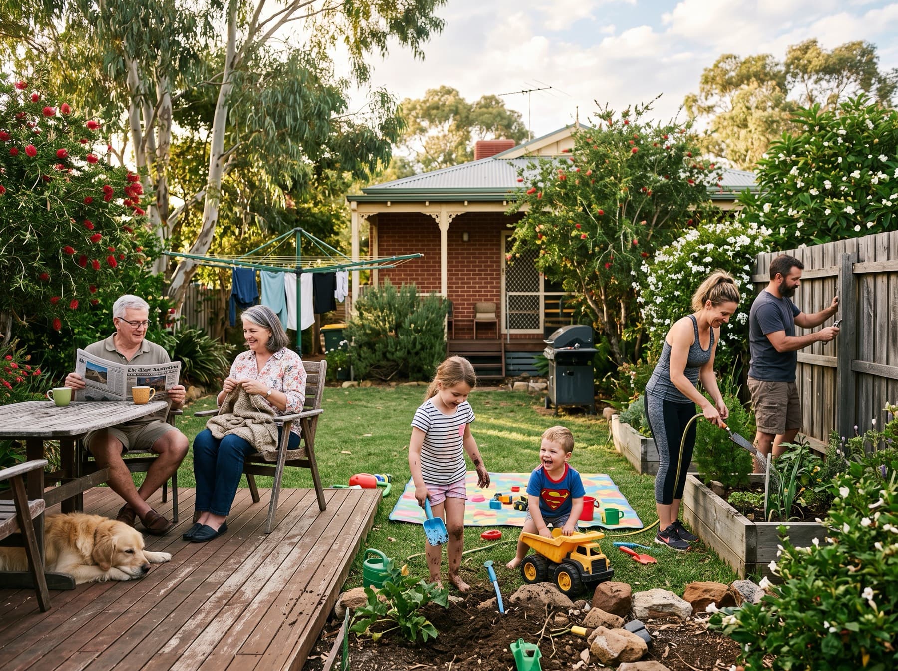 Three generations of a family in a back garden