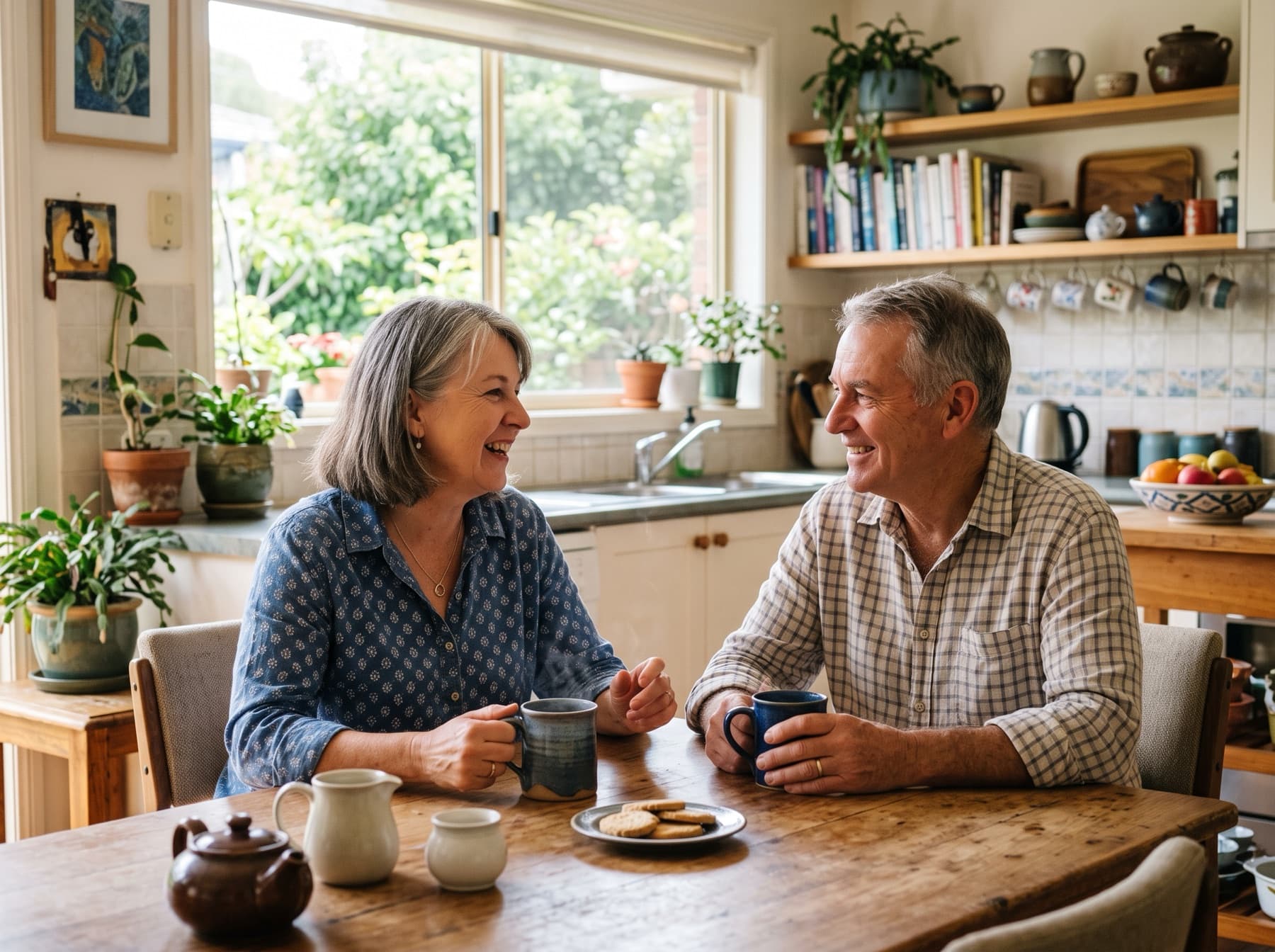 A couple in their sixties at home in their kitchen