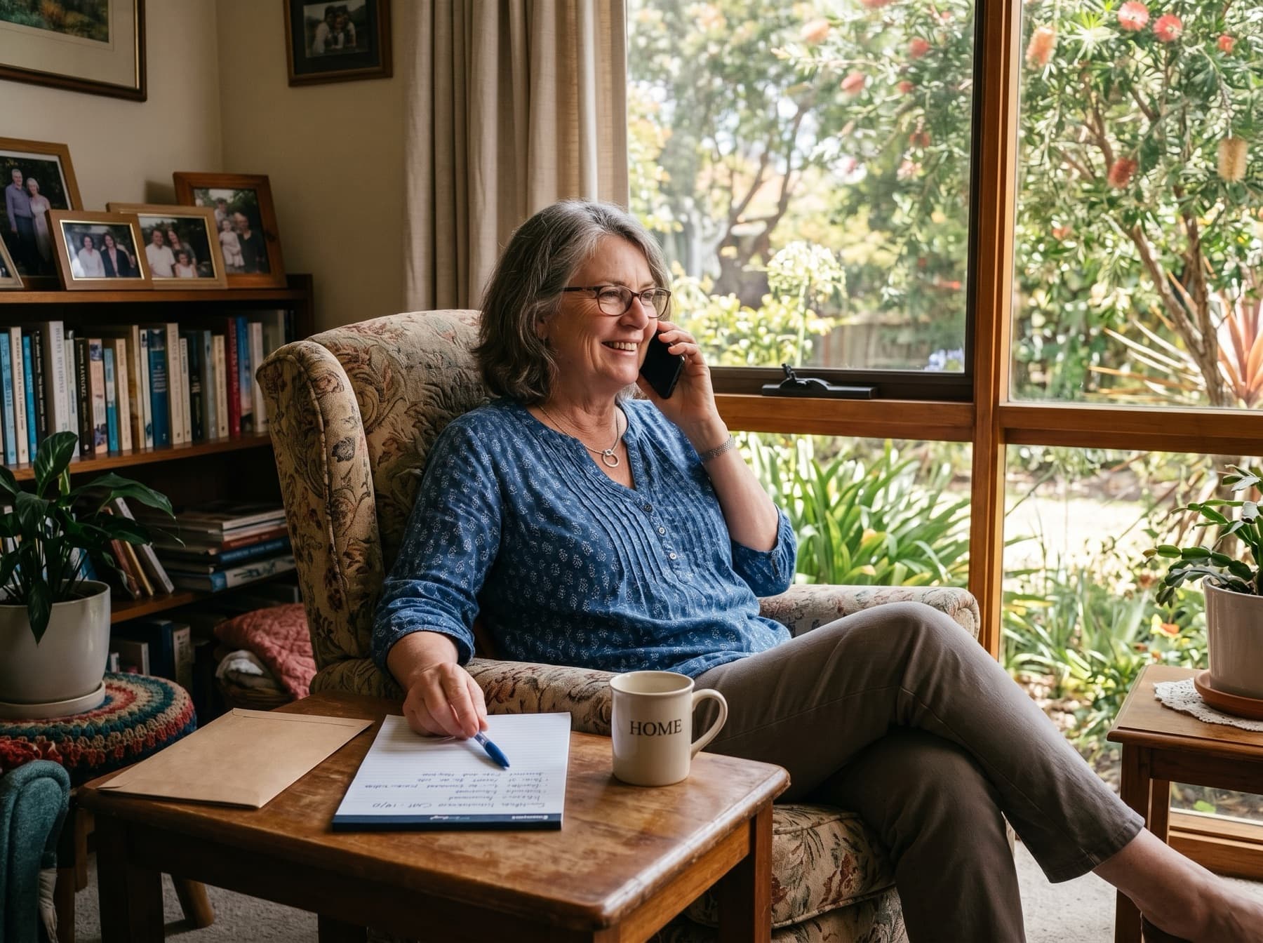 A woman in her sixties taking a phone call at home